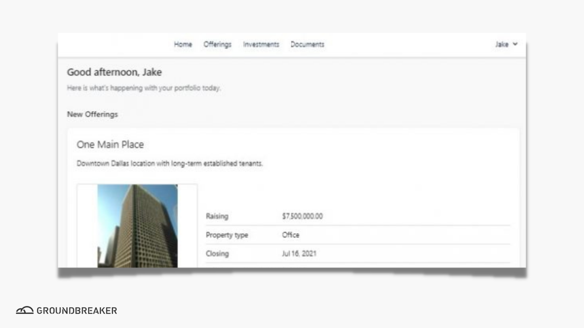 GroundBreaker's Investor Portal Screenshot